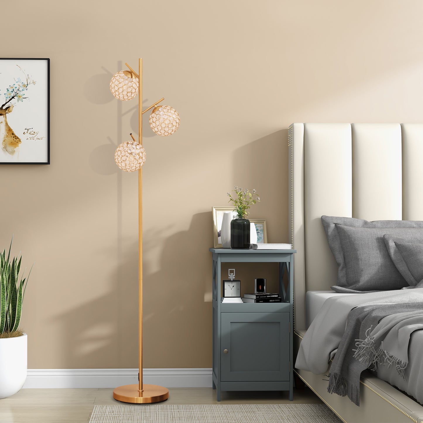 3-Globe Floor Lamp with Foot Switch and 3 E27 Bulb Bases-Golden