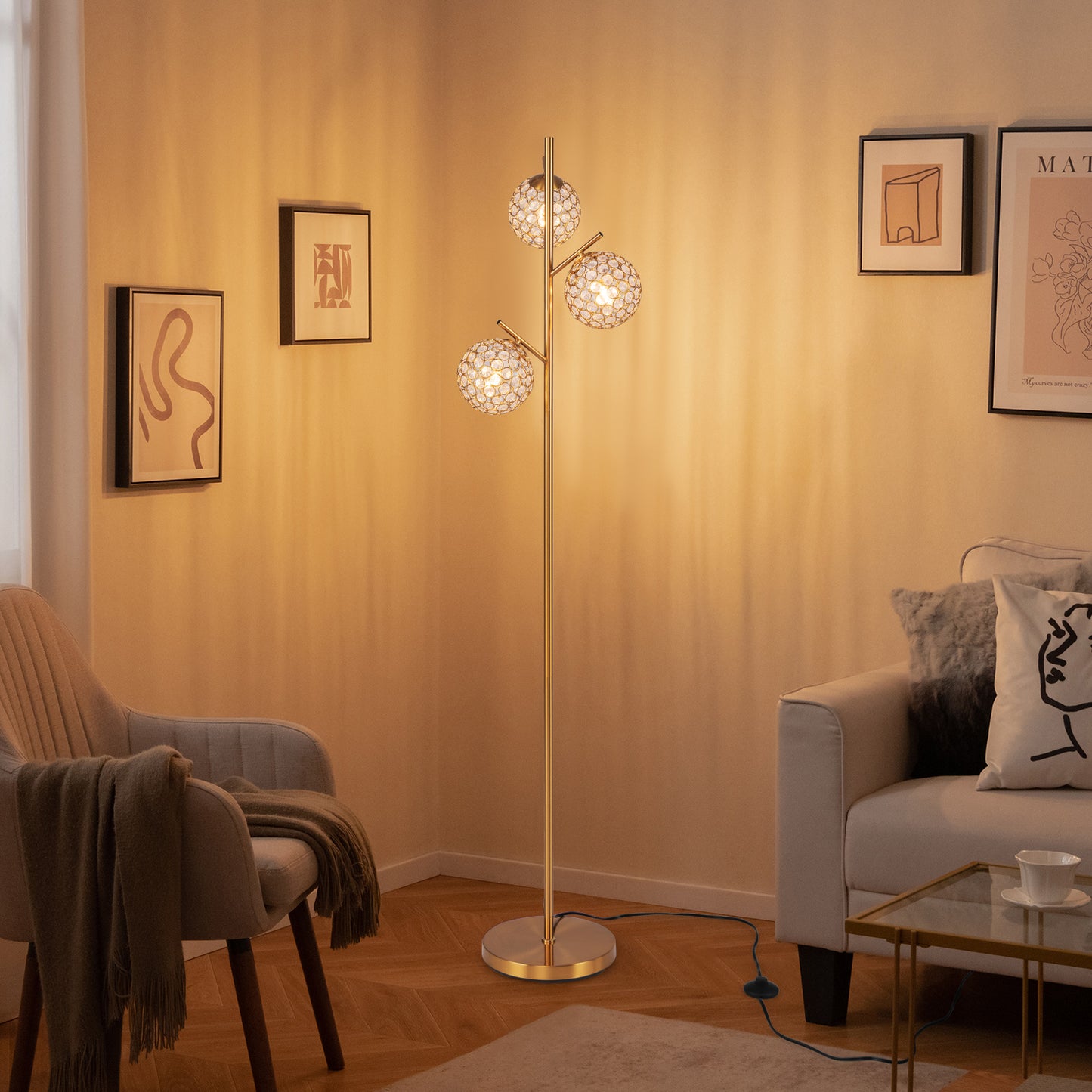 3-Globe Floor Lamp with Foot Switch and 3 E27 Bulb Bases-Golden