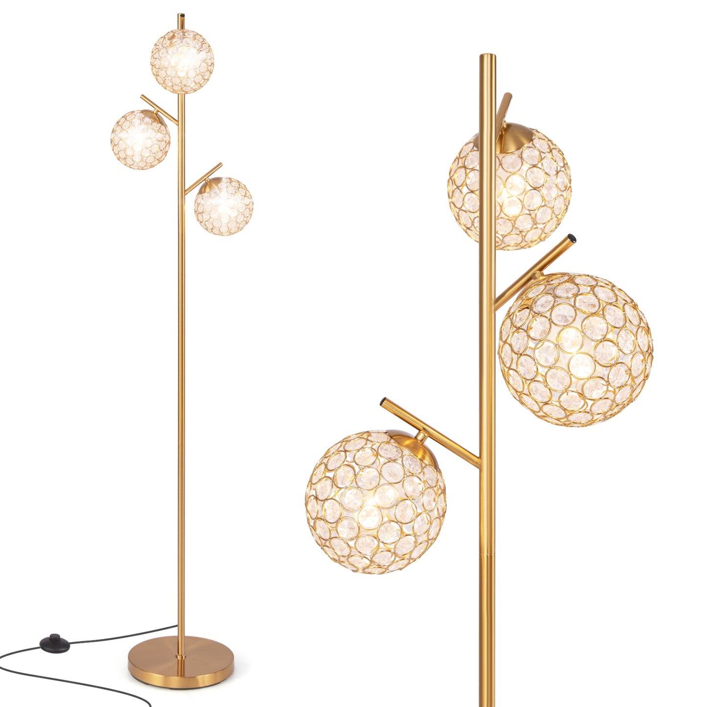 3-Globe Floor Lamp with Foot Switch and 3 E27 Bulb Bases-Golden