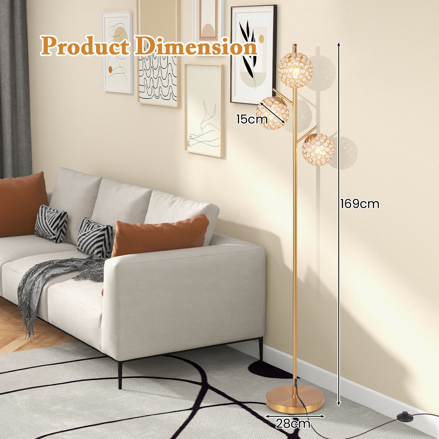 3-Globe Floor Lamp with Foot Switch and 3 E27 Bulb Bases-Golden