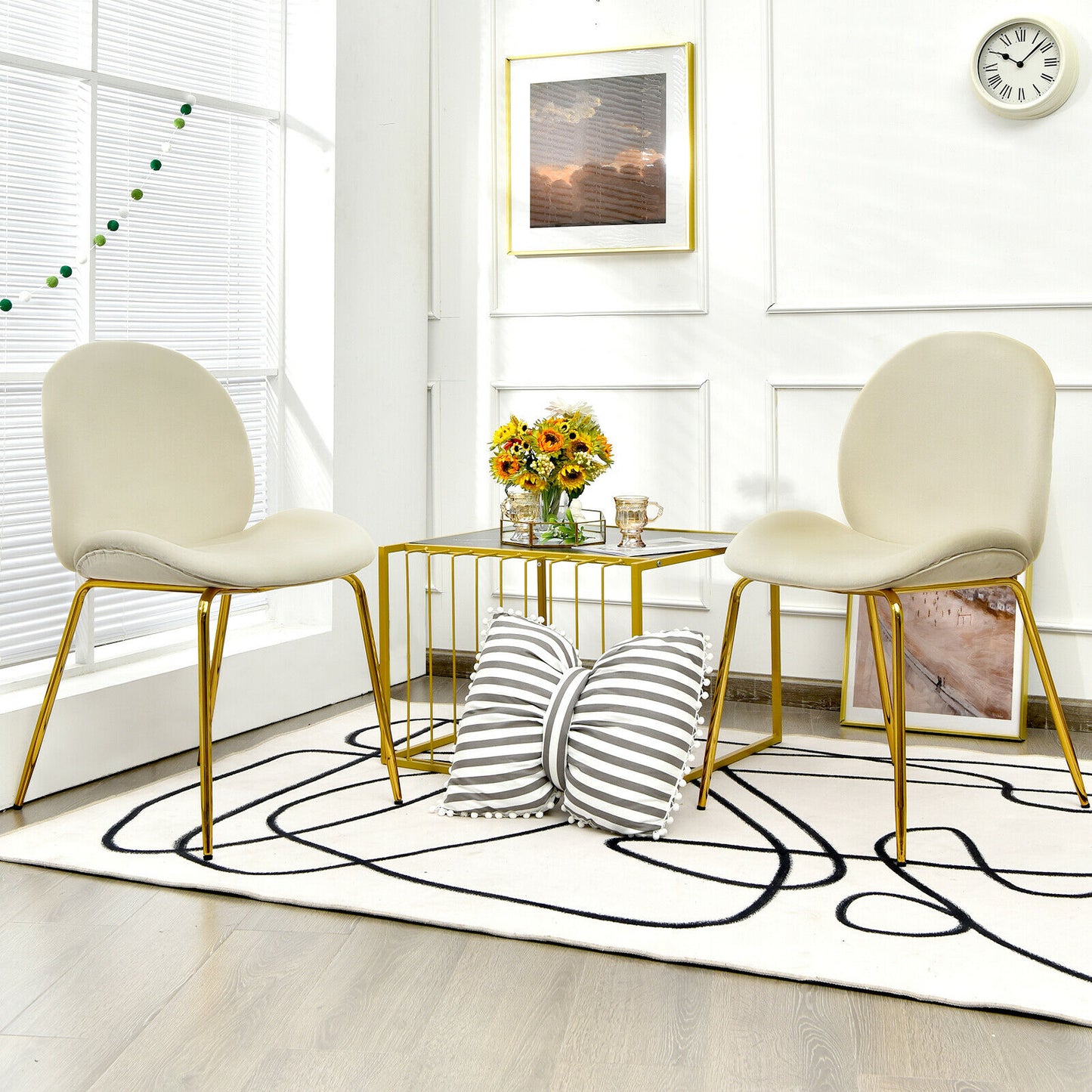 Set of 2 Velvet Dining Chair with Golden Finished Steel Legs-Beige