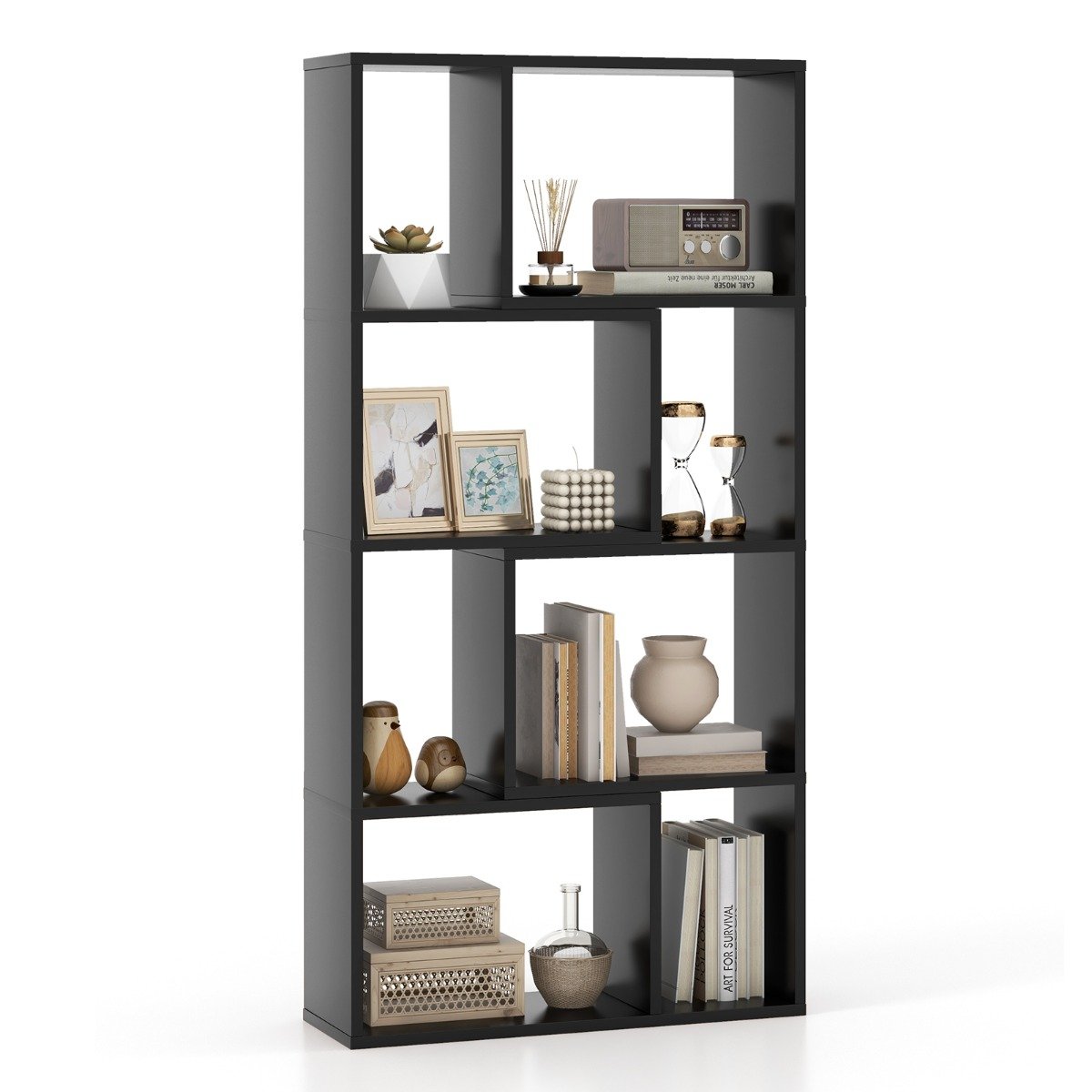 5-Tier Geometric Bookshelf with 8 Cubes Floor Standing Open Display-Grey