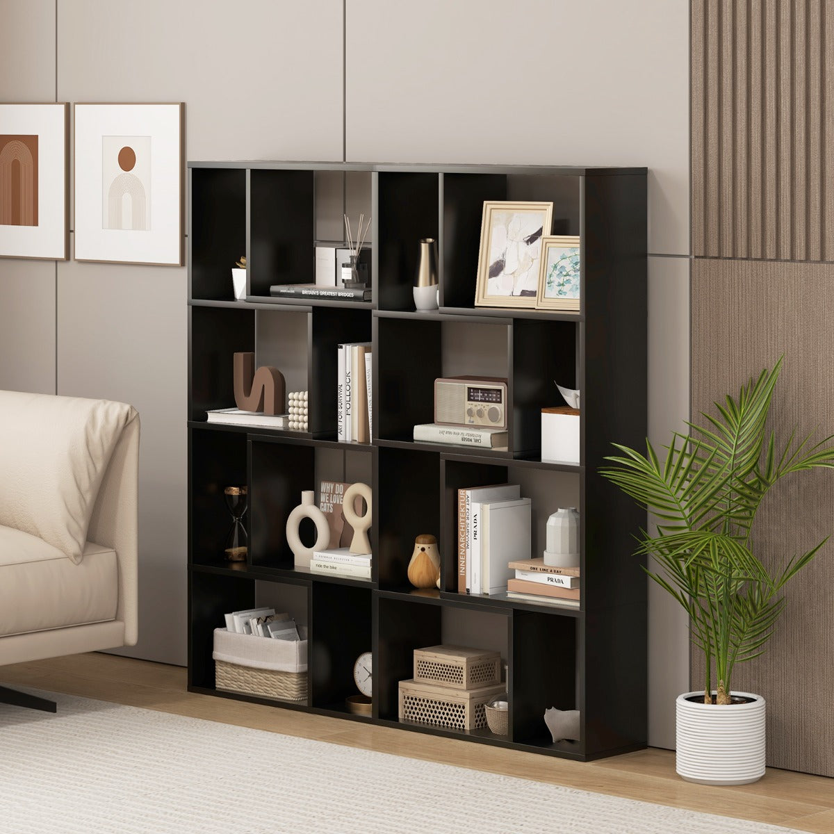 5-Tier Geometric Bookshelf with 8 Cubes Floor Standing Open Display-Grey