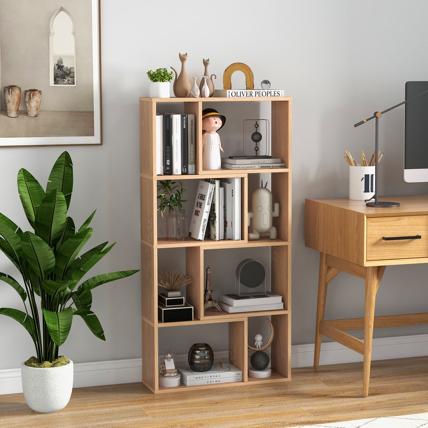 5-Tier Geometric Bookshelf with 8 Cubes Floor Standing Open Display-Grey