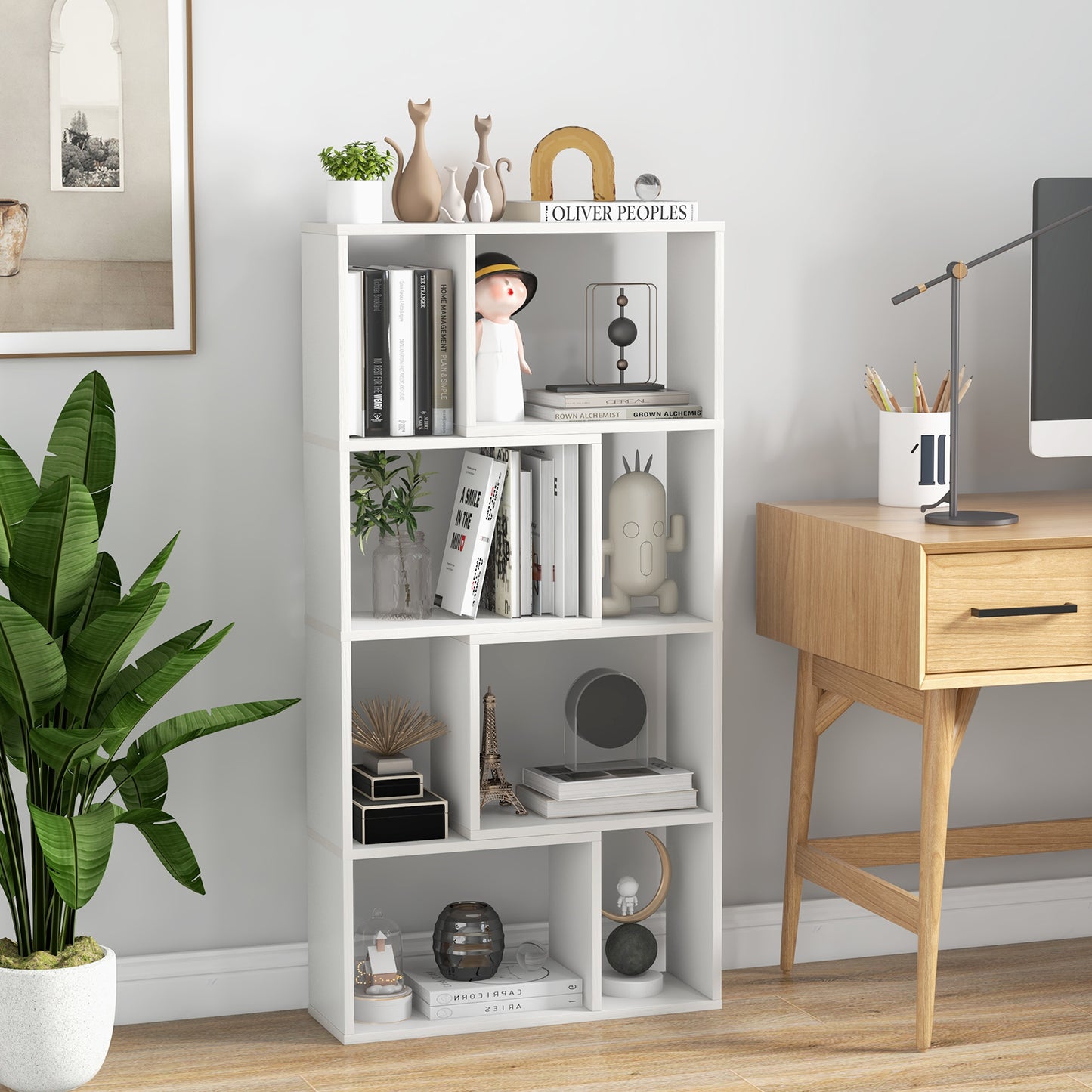 5-Tier Geometric Bookshelf with 8 Cubes Floor Standing Open Display-Grey