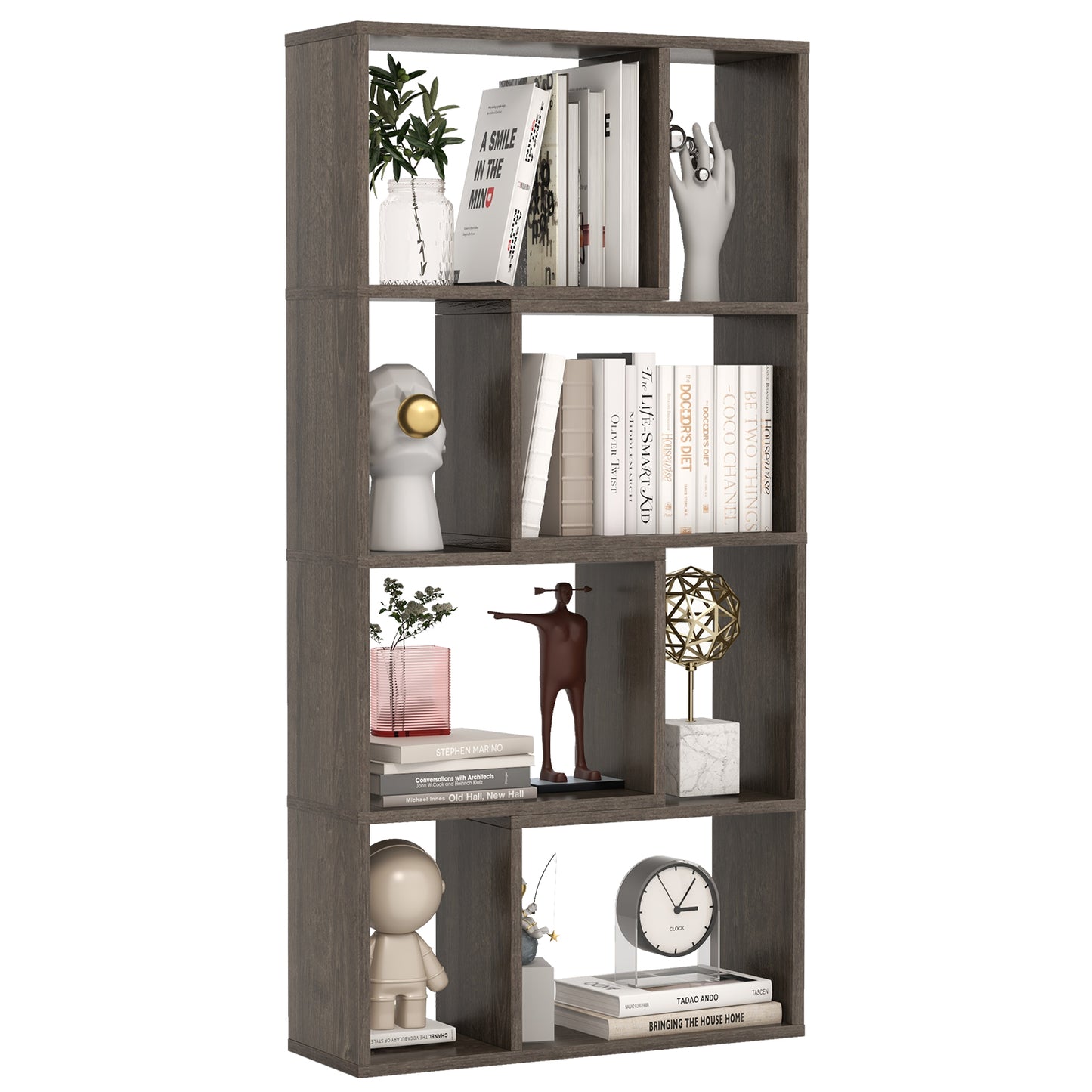 5-Tier Geometric Bookshelf with 8 Cubes Floor Standing Open Display-Grey