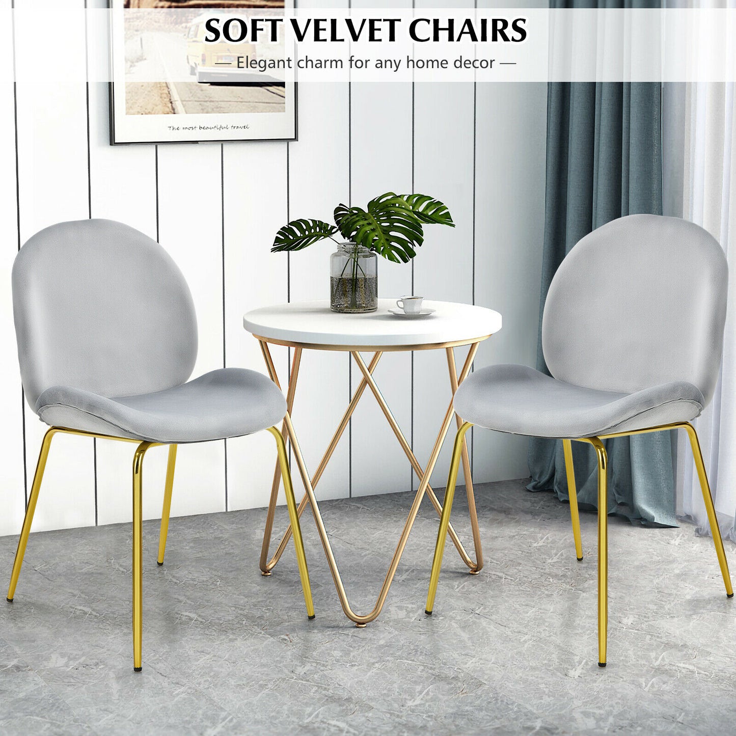 Set of 2 Velvet Dining Chair with Golden Finished Steel Legs-Beige