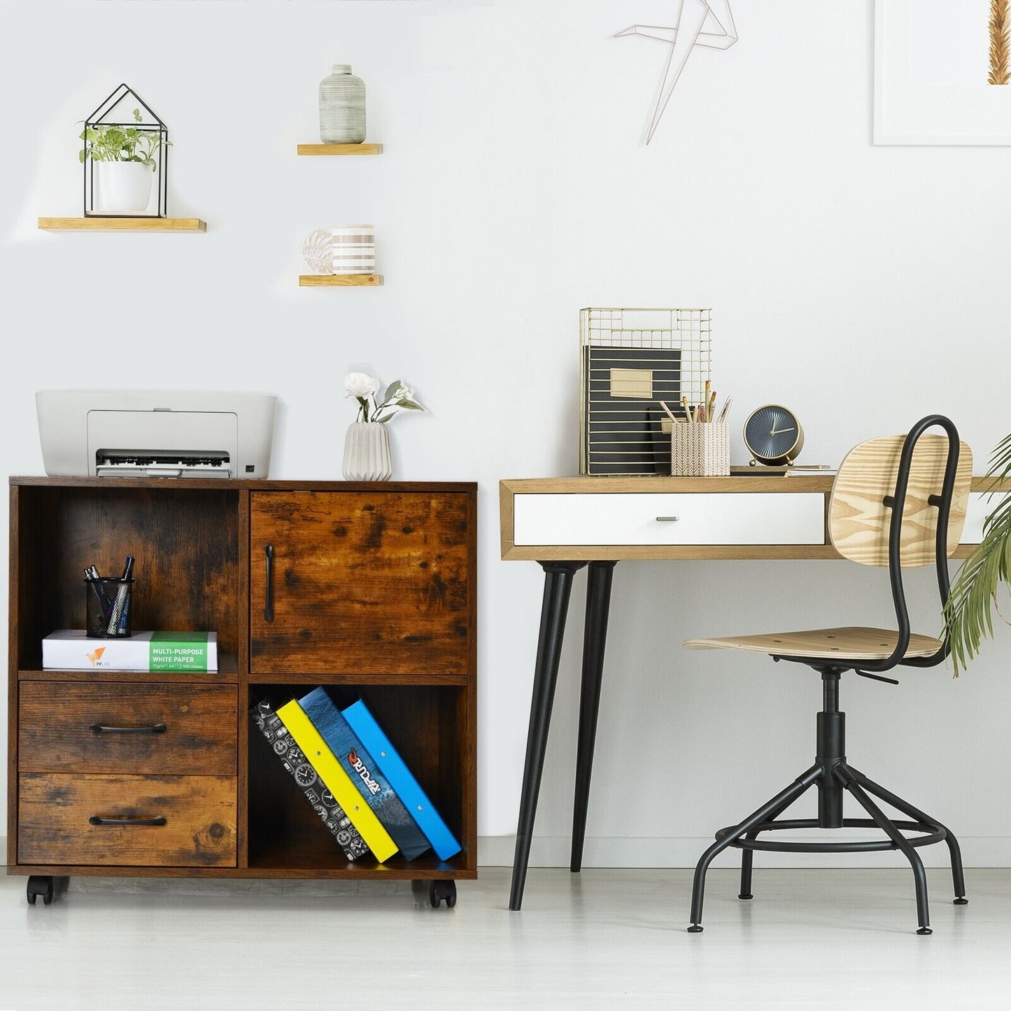 Home Office Mobile File Cabinet with 2 Drawers 2 Open Shelves and Door-Rustic Brown