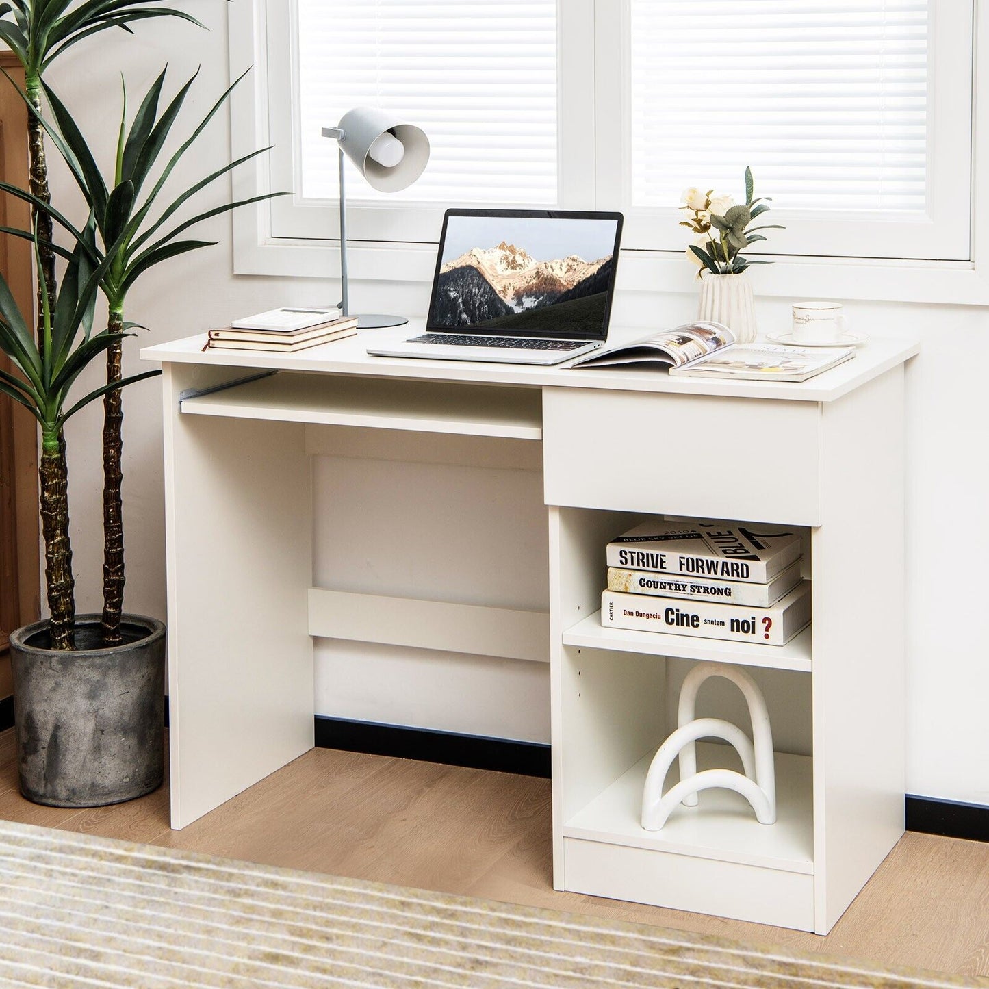 Wooden Computer Desk with Pull-out Keyboard Tray and Adjustable Storage Shelves-Black