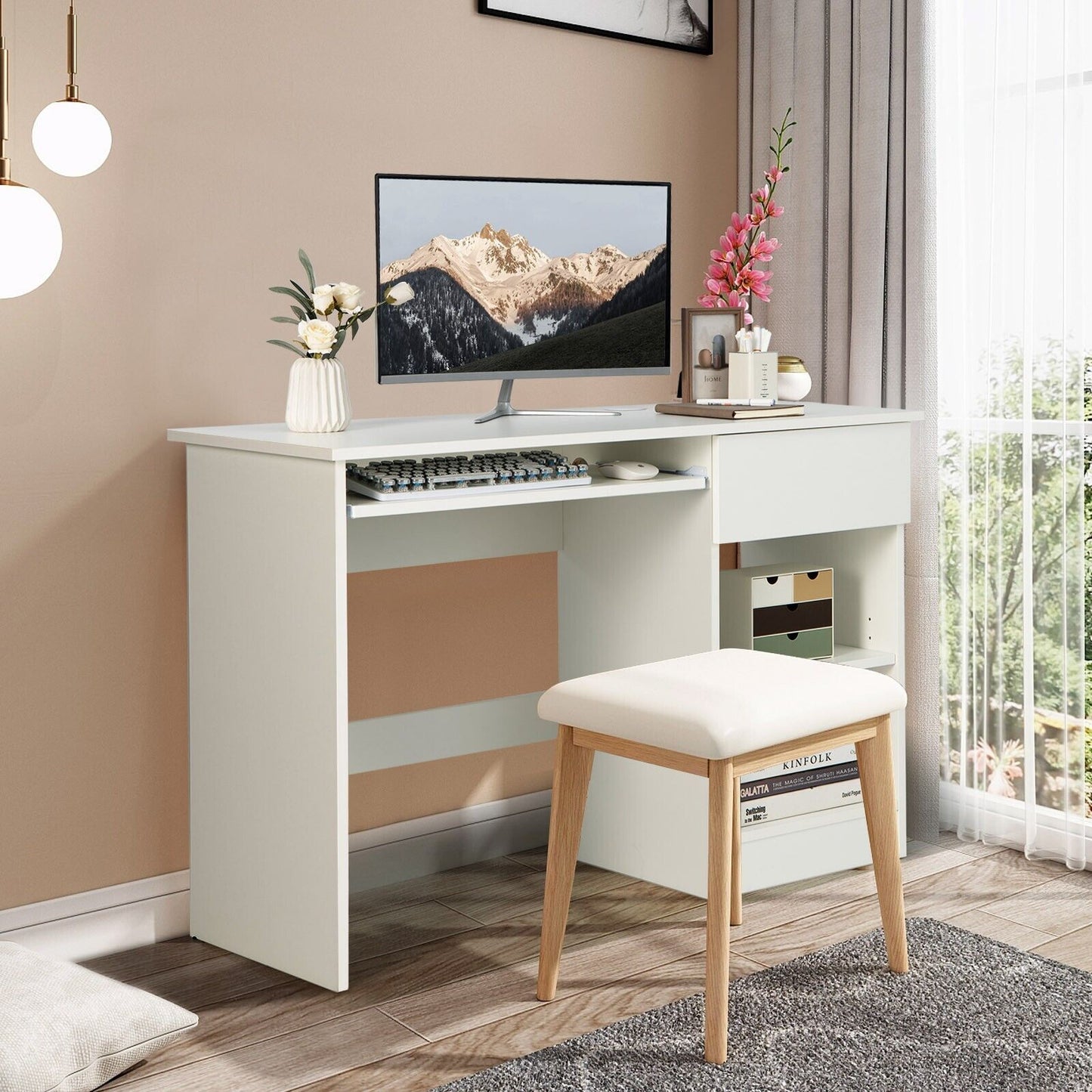 Wooden Computer Desk with Pull-out Keyboard Tray and Adjustable Storage Shelves-Black