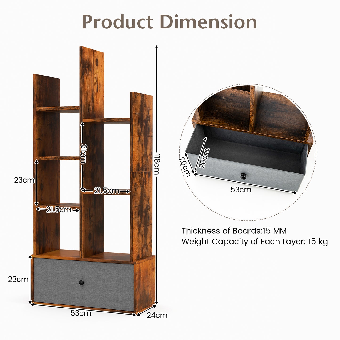 7-Tier Wooden Bookshelf with Folding Drawer for Study Living Room-White