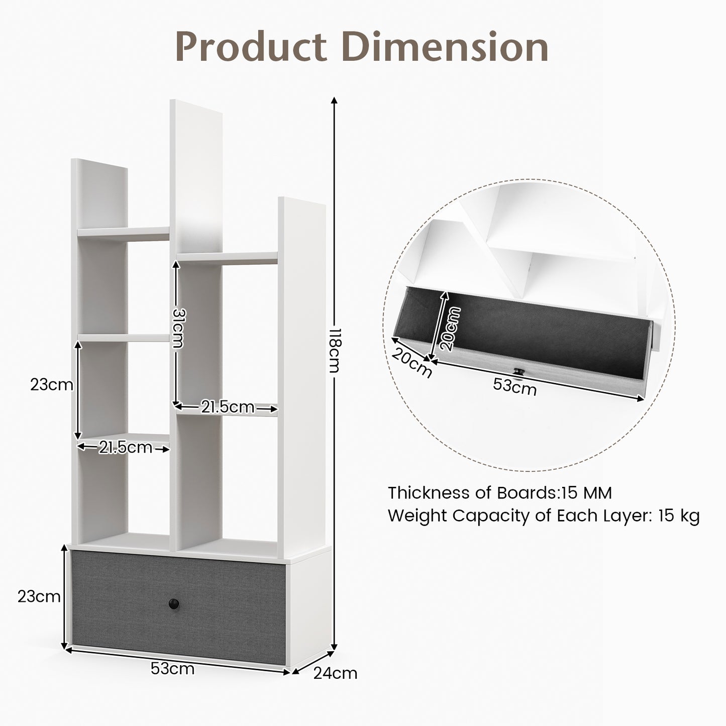 7-Tier Wooden Bookshelf with Folding Drawer for Study Living Room-White