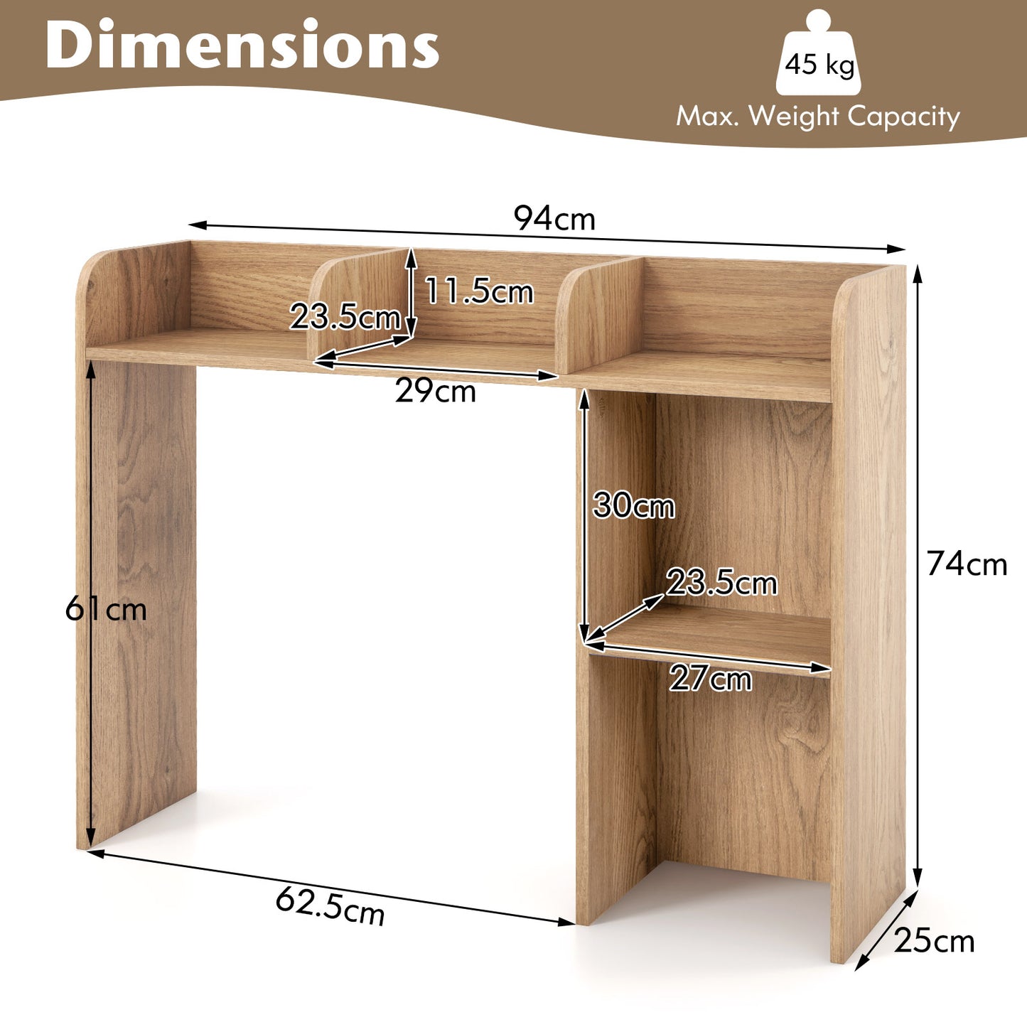 Wooden Desk Bookshelf with 4 Shelves and Open Back Compartment-Natural