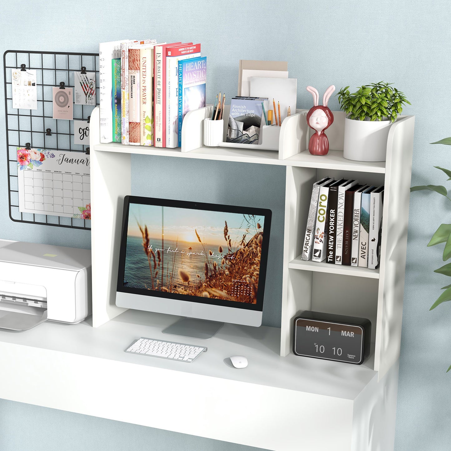 Wooden Desk Bookshelf with 4 Shelves and Open Back Compartment-Natural