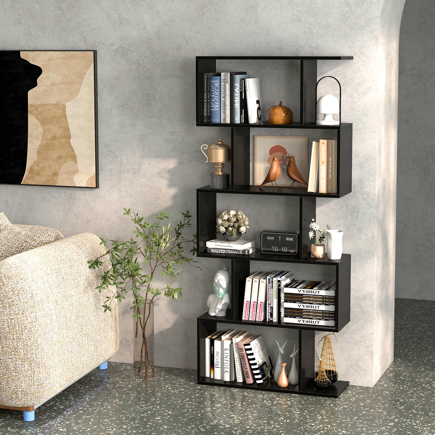 Geometric S-Shaped Bookcase with Anti-Toppling Device for Living Room Home Office-Brown