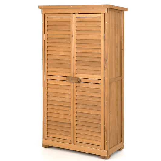 Outdoor Wooden Storage Shed with 3 Removable Shelves for Garden Deck-Natural