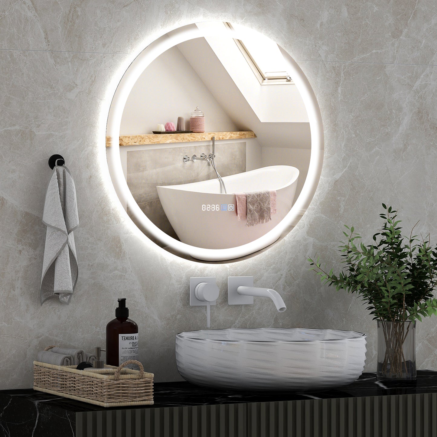 LED Bathroom Mirror with 3-Color Dimmable Lights, Time and Temp Display