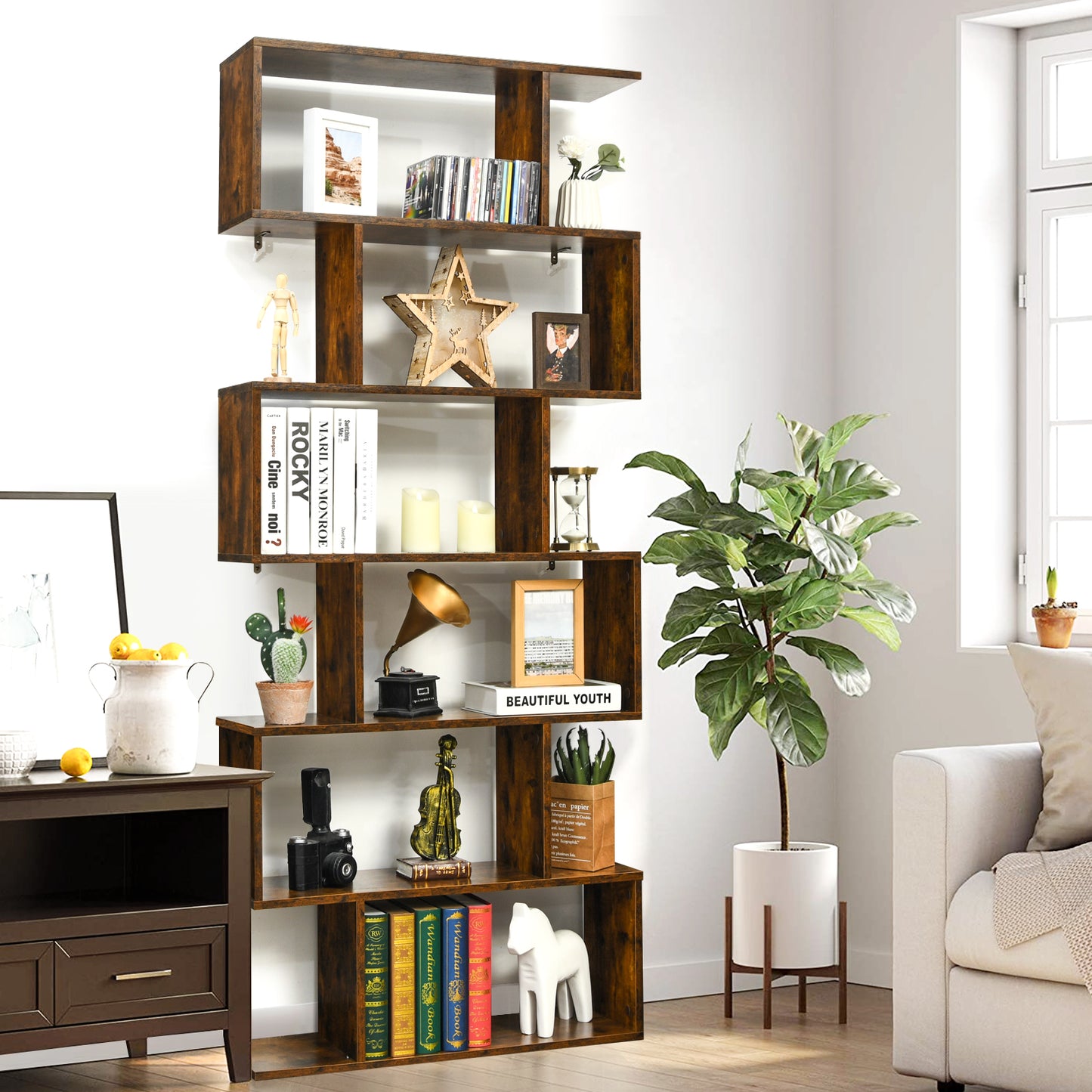 6-tier S-shaped Wooden Industrial Bookshelf-Black