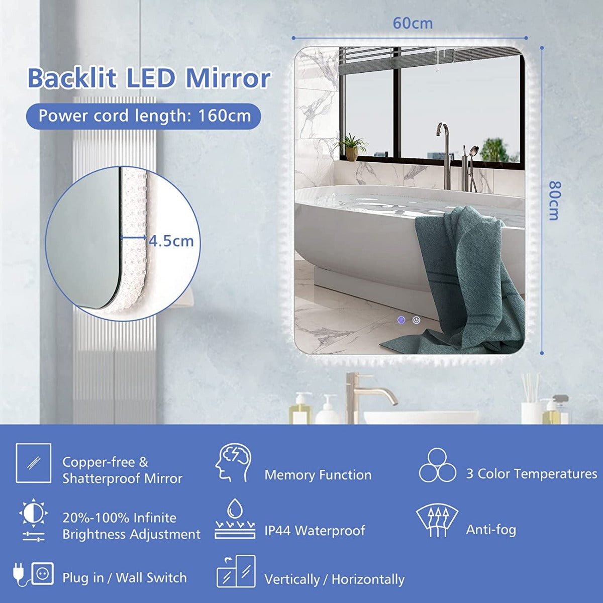 80x60cm Wall Mounted Mirror with Demister Pad