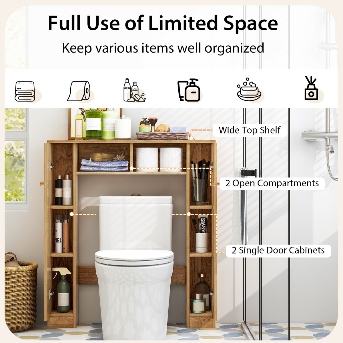 Over The Toilet Storage Cabinet with 2 Open Compartments 4 Adjustable Shelves-Natural