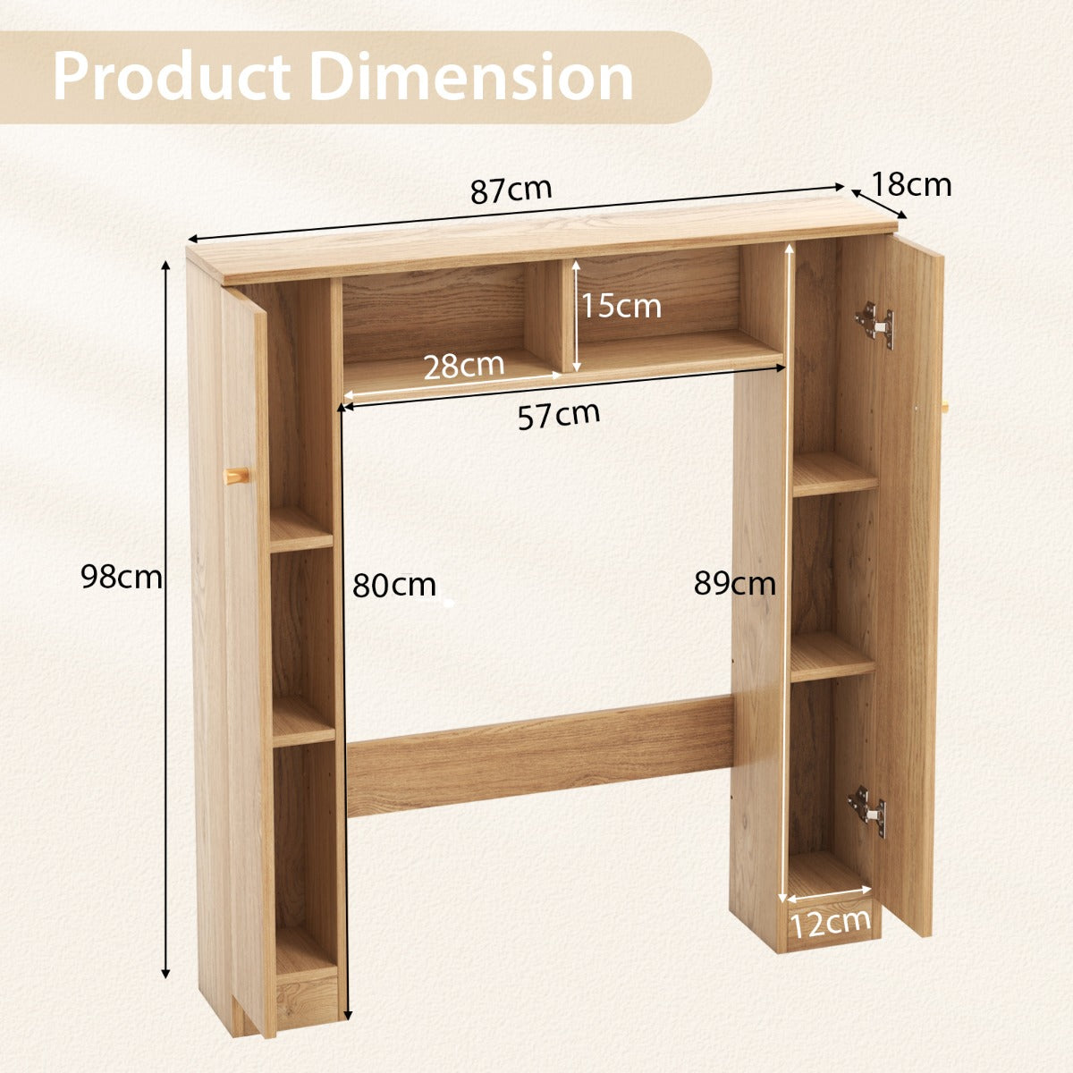 Over The Toilet Storage Cabinet with 2 Open Compartments 4 Adjustable Shelves-Natural