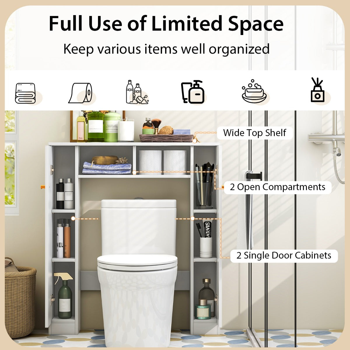 Over The Toilet Storage Cabinet with 2 Open Compartments 4 Adjustable Shelves-Natural