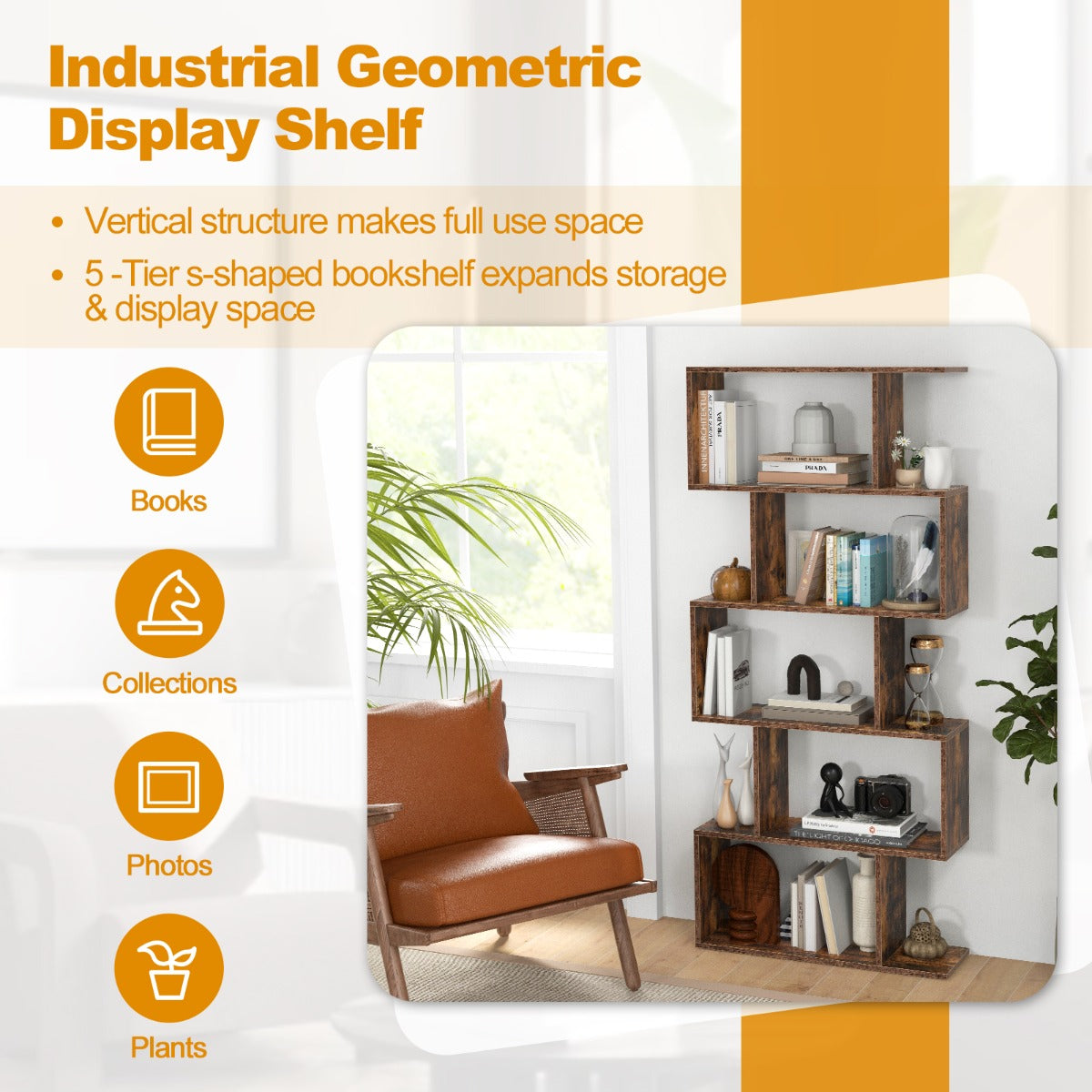 Geometric S-Shaped Bookcase with Anti-Toppling Device for Living Room Home Office-Brown