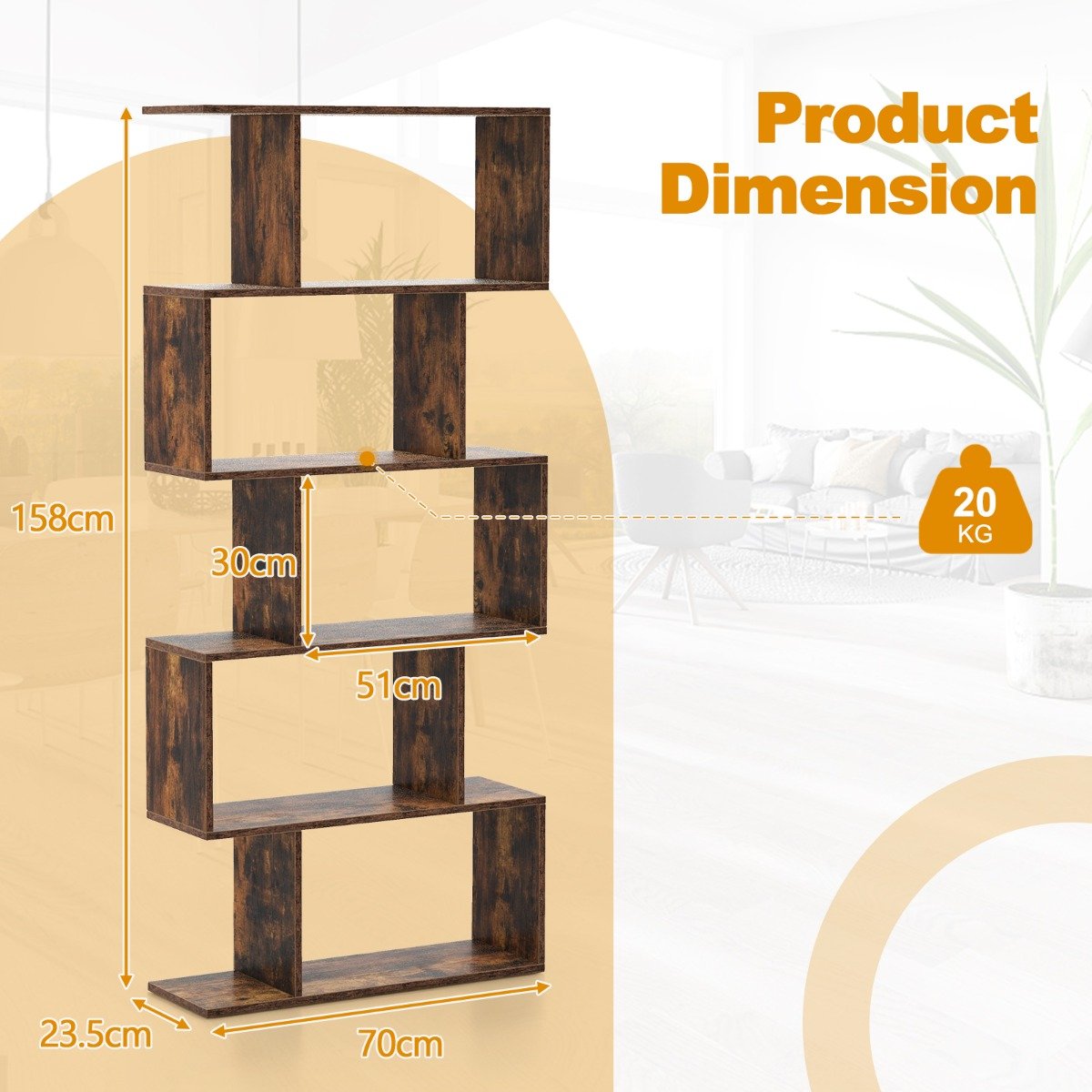 Geometric S-Shaped Bookcase with Anti-Toppling Device for Living Room Home Office-Brown