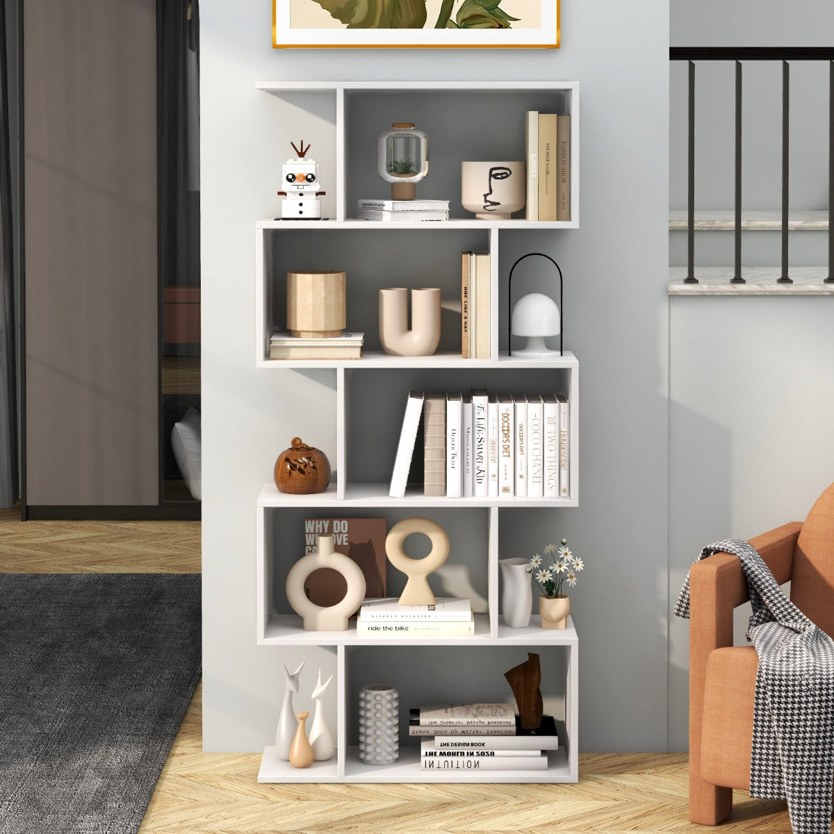 Geometric S-Shaped Bookcase with Anti-Toppling Device for Living Room Home Office-Brown