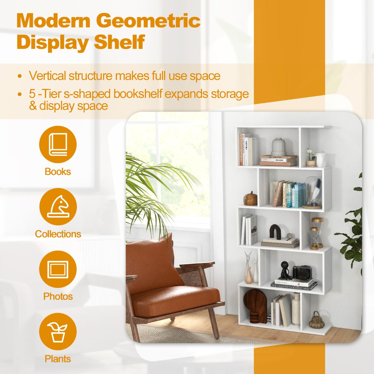 Geometric S-Shaped Bookcase with Anti-Toppling Device for Living Room Home Office-Brown