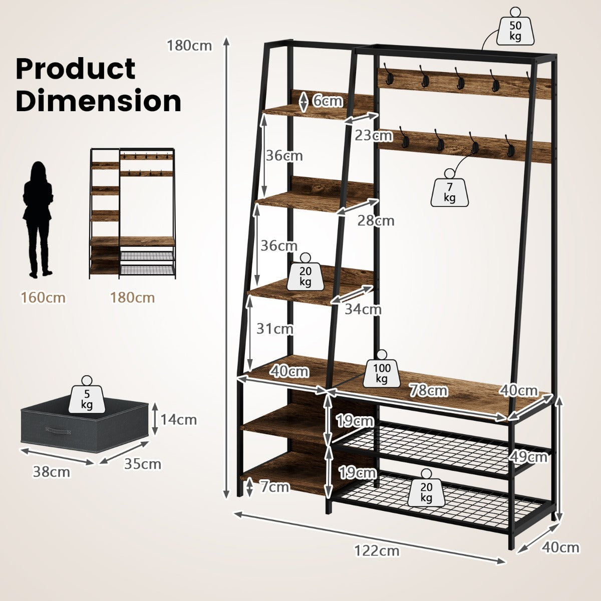 6-in-1 Freestanding Garment Coat Rack with 9 Hooks and 6 Storage Shelves