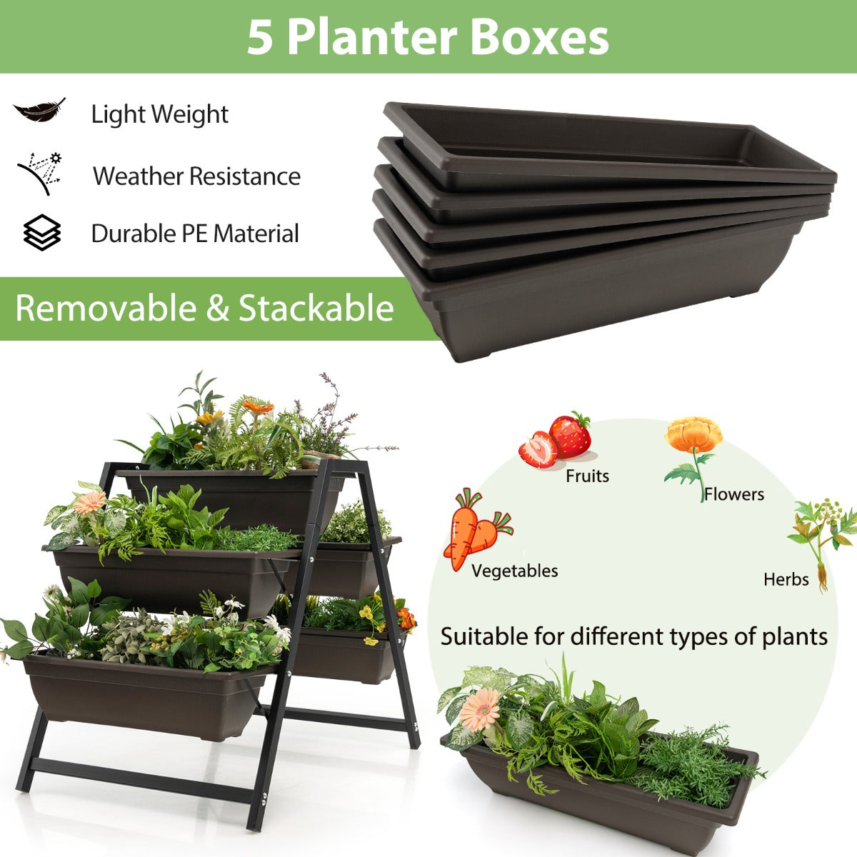 3-Tier Vertical Raised Garden Bed with 5 Plant Boxes