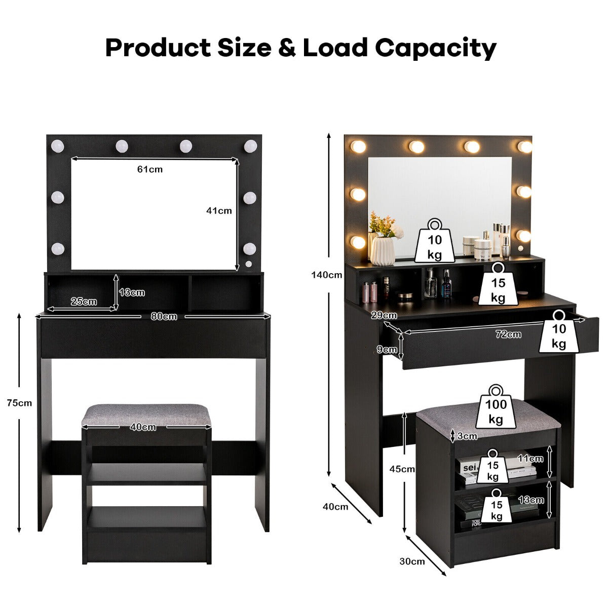 Modern Dressing Table Set with LED Lights Mirror and Drawer-Black