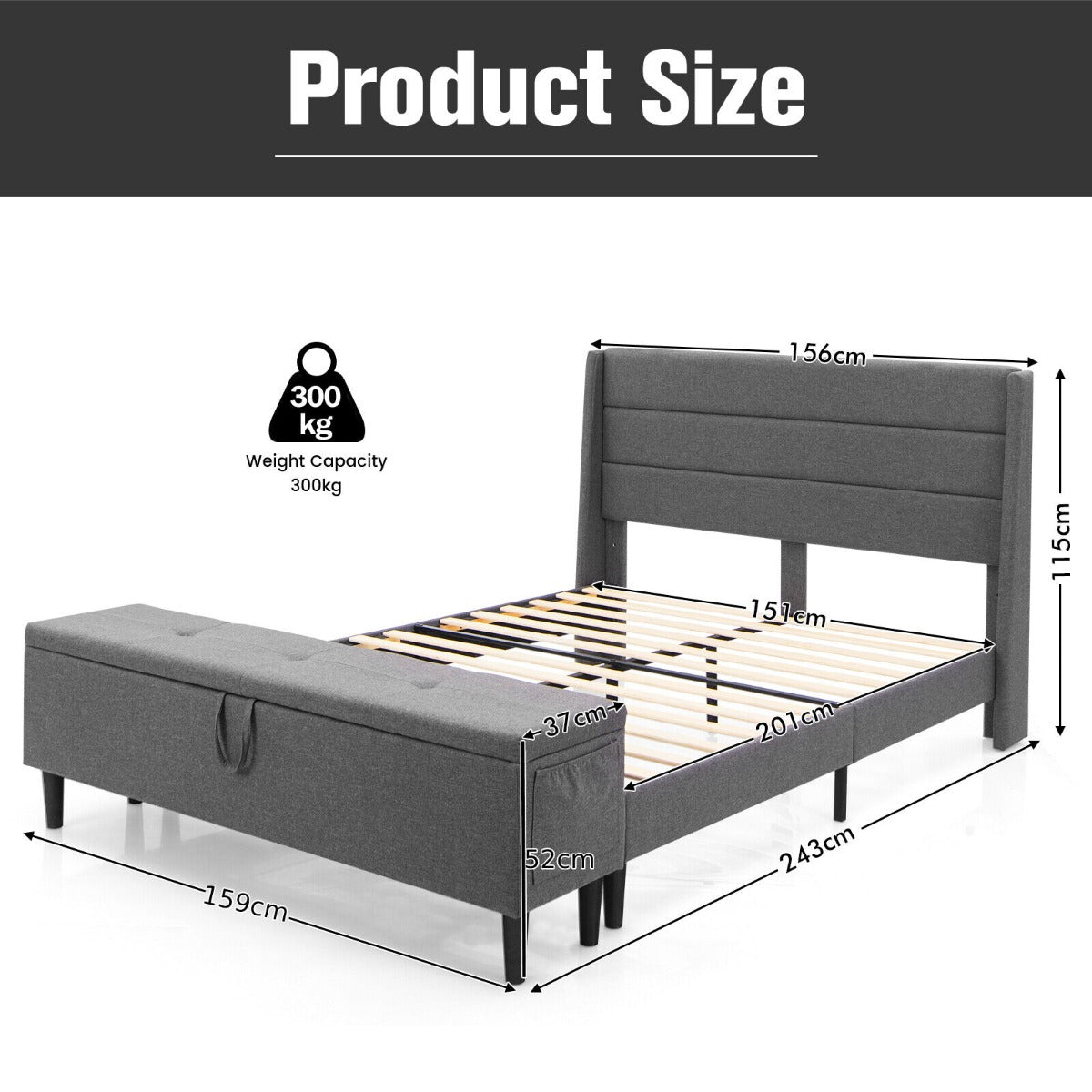 Upholstered King Bed Frame with Ottoman Bench and Headboard-Grey