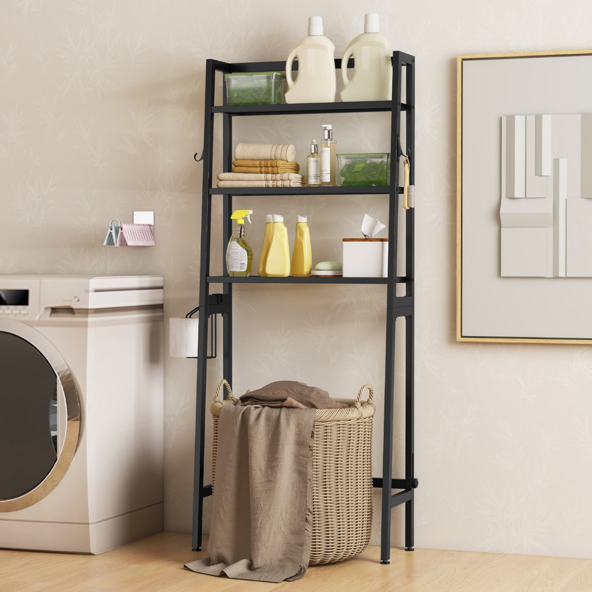 Over The Toilet Storage Shelf with Adjustable Adjustable Bottom Bar-Black