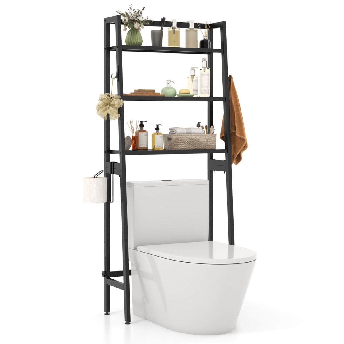 Over The Toilet Storage Shelf with Adjustable Adjustable Bottom Bar-Black