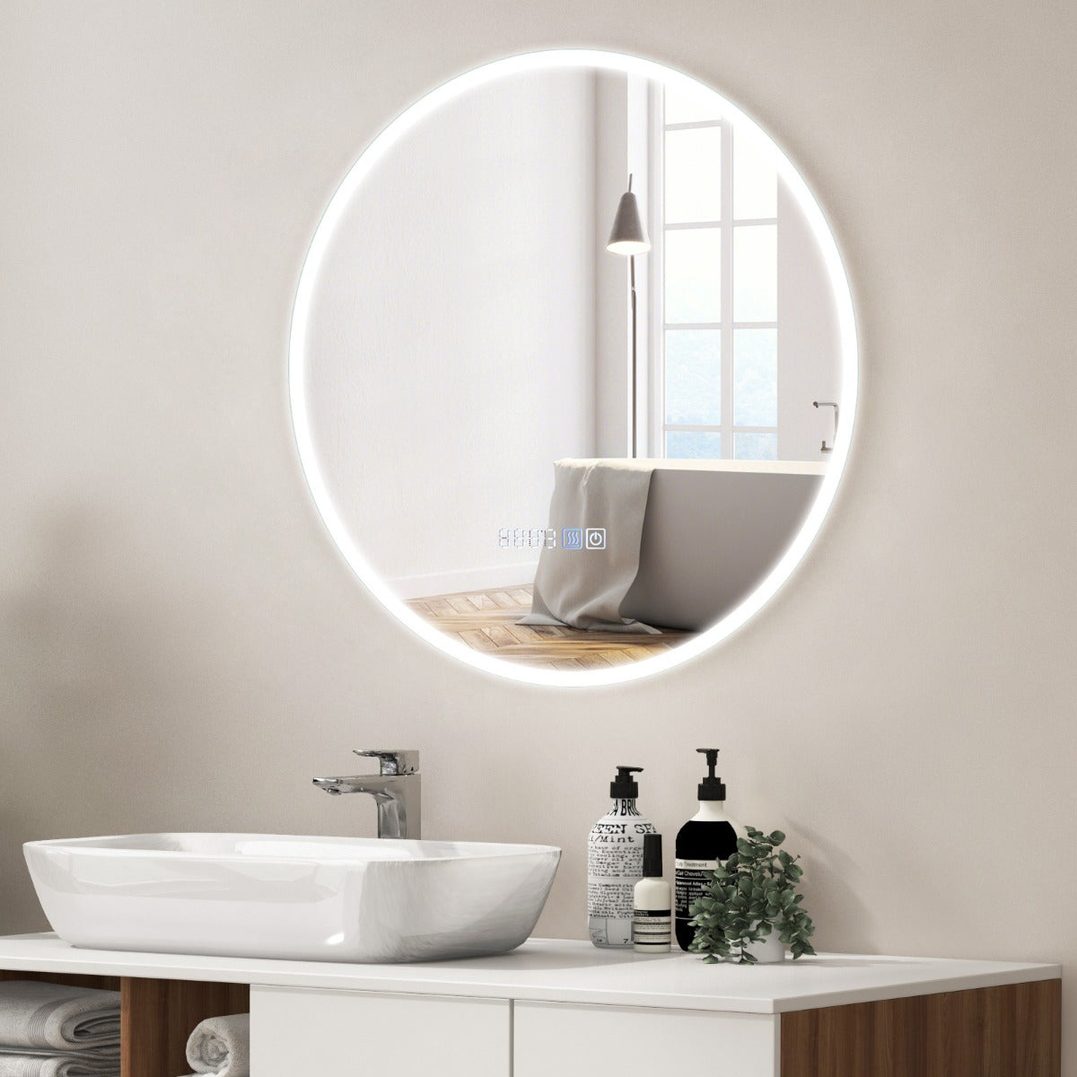 Wall Mounted Round Mirror with 3-Color Dimmable Lights and 3-Color Dimmable