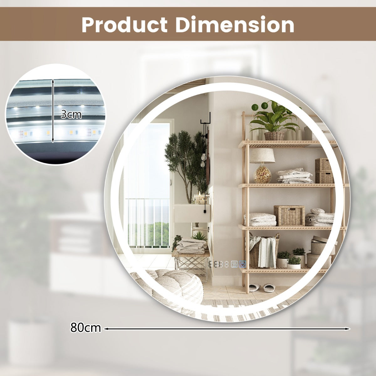 Wall Mounted Round Mirror with 3-Color Dimmable Lights and 3-Color Dimmable